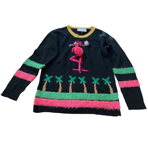 Womens PINK FLAMINGO Palm Tree Ugly Christmas Sweater Derek Heart Size Large - Picture 1 of 6